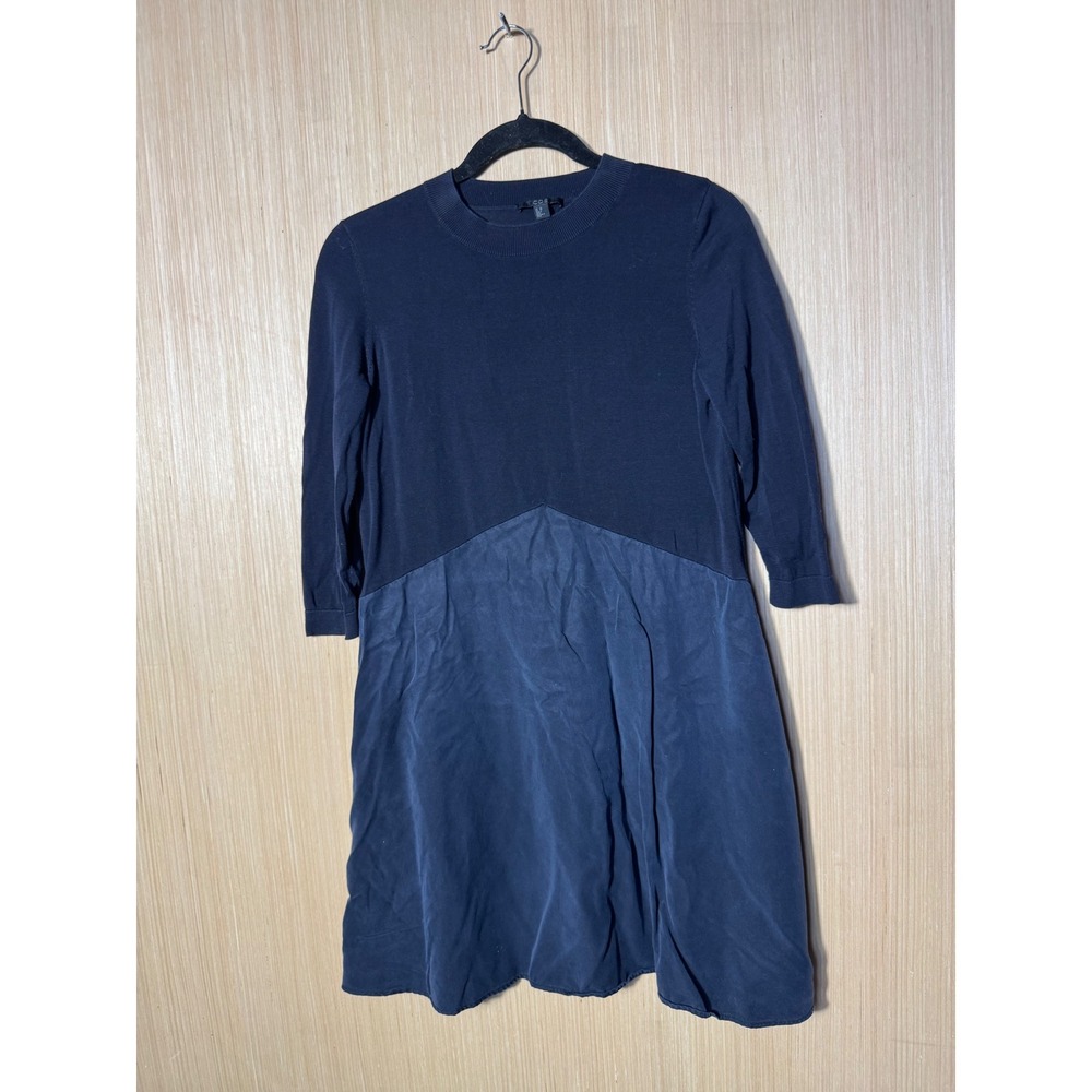 COS Womens Navy Blue Mixed Media Knit Lyocell Silk A-Line Dress Size 3/4 Sleeve